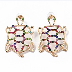 Light Gold Alloy Stud Earrings for Women, with Colorful Rhinestone, Tortoise, Light Gold, 49.5x33x5mm, Pin: 0.7mm