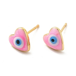 Pearl Pink Enamel Heart with Evil Eye Stud Earrings, Real 18K Gold Plated Brass Jewelry for Women, Pearl Pink, 8x8mm, Pin: 0.7mm