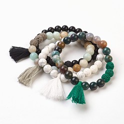Mixed Stone Natural Gemstone Beads Stretch Charm Bracelets, with Tassels, 2 inch(5cm), Tassels: 34x12mm