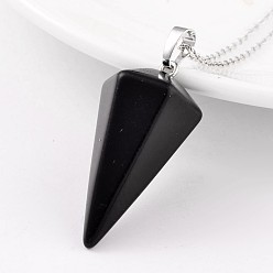 Black Agate Cone Pendulum Platinum Tone Brass Black Agate Pendants, 39~41x18~19mm, Hole: 5x8mm