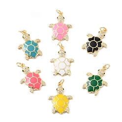 Mixed Color Rack Plating Brass Micro Pave Cubic Zirconia Pendants, with Enamel & Jump Ring, Cadmium Free & Lead Free, Long-Lasting Plated, Real 18K Gold Plated, Sea Turtle Charm, Mixed Color, 22.5x17x3mm, Hole: 3.2mm
