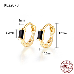 Black 925 Sterling Silver Pave Cubic Zirconia Rectangle Hoop Earrings for Women, with 925 Stamp, Real 18K Gold Plated, Black, 12x2x10.5mm