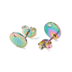 Rainbow Color Ion Plating(IP) 304 Stainless Steel Ear Stud Findings, with Ear Nuts/Earring Backs and Hole, Textured Flat Round, Rainbow Color, 8mm, Hole: 1.2mm, Pin: 0.8mm