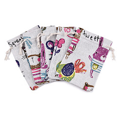 Dentelle Vieille Chaton polycoton (coton polyester) pochettes d'emballage sacs à cordon, avec chat et souris de dessin animé imprimés, vieille dentelle, 14x10 cm