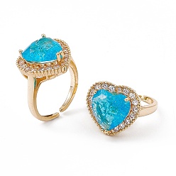 Настоящее золото 18K Открытое кольцо-манжета в форме сердца из темного небесно-голубого стекла с кубическим цирконием, украшения из латуни для женщин, реальный 18 k позолоченный, размер США 7 1/4 (17.5 мм)