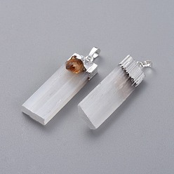 Silver Natural Calcite Big Pendants, with Natural Citrine and Brass Findings, Rectangle, Silver, 55~63x16~23x12.5~15mm, Hole: 8x3~5mm