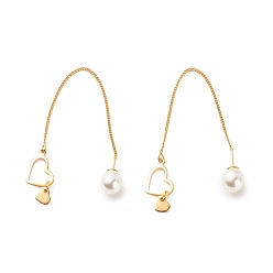 Golden Brass Ear Thread with Heart and Acrylic Pearl Charm, Long Dangle Stud Earrings with 925 Sterling Silver Pins for Women, Golden, 107