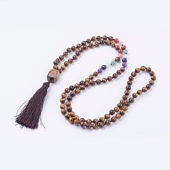 Tiger Eye Natural Tiger Eye Tassel Pendant Necklaces, with Gemstone Beads, Chakra Necklaces, 40.5 inch(103cm)