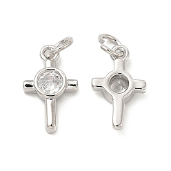 Platinum Brass Micro Pave Cubic Zirconia Charms, Religion Cross Charm, with Jump Ring, Platinum, 14x8.5x3mm, Hole: 3.3mm