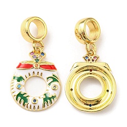 White Real 18K Gold Plated Christmas Theme Brass Micro Pave Cubic Zirconia Pendents, with Enamel, Lead Free & Cadmium Free, Christmas Wreath, White, 28mm, Pendent: 19x14x3mm, Hole: 5mm