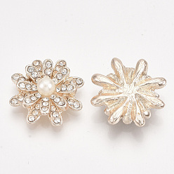 Light Gold Alloy Rhinestone Cabochons, with ABS Plastic Imitation Pearl, Flower, Crystal, Light Gold, 20.5~21x6mm