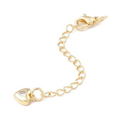 Golden Brass Micro Pave Cubic Zirconia Chain Extender, with Stainless Steel Lobster Claw Clasps and Heart Charm, Long-Lasting Plated, Golden, 77x3mm, Hole: 3mm