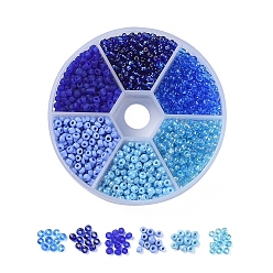 Bleu 6 couleurs 8/0 perles de rocaille en verre, couleurs givrées et doublées d'argent et transparentes et trans. couleurs arc-en-ciel et couleurs opaques couleurs lustrées et opaques, ronde, bleu, 8/0, 3mm, trou: 1 mm, 60 g / boîte, environ 1330 pièces / boîte