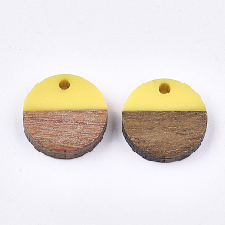 Yellow Resin & Walnut Wood Pendants, Flat Round, Yellow, 14~15x3~4mm, Hole: 1.8mm