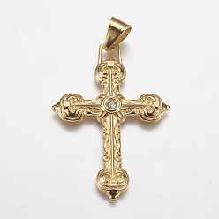 Golden 304 Stainless Steel Big Pendants, Ion Plating (IP), with Rhinestone, Cross, Golden, 38x55x4mm, Hole: 7x9mm