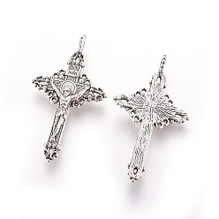 Antique Silver Tibetan Style Alloy Pendants, Cadmium Free & Lead Free, Easter, Crucifix Cross Charms, Antique Silver, 50x28x3mm
