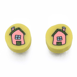 Light Khaki Handmade Polymer Clay Beads, Flat Round with House, Light Khaki, 8.5~9.5x4.5~5mm, Hole: 1.6mm