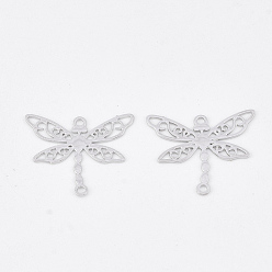 Platinum Brass Links connectors, Etched Metal Embellishments, Long-Lasting Plated, Dragonfly, Platinum, 13x15x0.3mm, Hole: 1mm