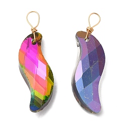 Colorful Glass Pendants, with Light Gold Brass Loops, Faceted, Twist Charms, Colorful, 34.5~35x9.5x7mm, Hole: 4.2~5.2x2.2~3.8mm