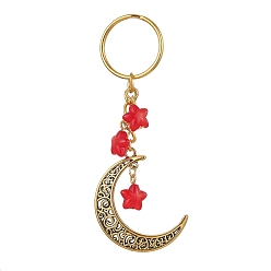 Rouge Porte-clés pendentif lune creuse en alliage de style tibétain, avec breloque étoile en acrylique et porte-clés fendus en fer, rouge, 9.2 cm
