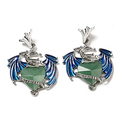 Green Aventurine Natural Green Aventurine Pendants, Faceted Heart Charms, with Rack Plating Platinum Plated Brass Enamel Dragon, 37mm, Pendant: 30.5x28.5x6.5mm, Hole: 3x3.5mm