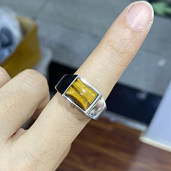 Stainless Steel Color Rectangle Natural Tiger Eye Finger Ring, Stainless Steel Jewelry, Stainless Steel Color, US Size 10 1/4(19.9mm)