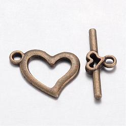 Antique Bronze Alloy Toggle Clasps, Cadmium Free & Lead Free, Antique Bronze, Heart: 15x19mm, hole: 1.8mm, Bar: 22x9mm, Hole: 1.8mm.