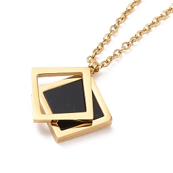 Golden Black Synthetic Shell Double Rhombus Pendant Necklace, Ion Plating(IP) 304 Stainless Steel Jewelry for Women, Golden, 16.02 inch(40.7cm)