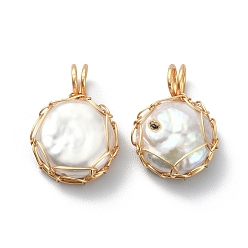 White Natural Cultured Freshwater Keshi Pearl Beads Pendants, Flat Round Button Charms, with Long-Lasting Plated Golden Tone Copper Wire Wrapped, White, 18.5x13x6~7mm, Hole: 3~3.5mm