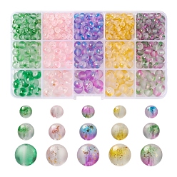 Color mezclado 565 piezas 15 colores perlas de vidrio pintadas con spray esmerilado, con la hoja de oro, rondo, color mezclado, 10~11 mm, agujero: 1.4~1.6 mm