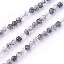 Noir Naturel noir quartz rutile brins de perles, facette, ronde, noir, 3~3.5mm, Trou: 0.5mm, Environ 115~130 pcs/chapelet, 14.5~16.1 pouce (37~41 cm)