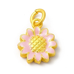 Perlas de Color Rosa Colgantes de esmalte de aleación de chapado en rack con anillo de salto, encantos de la flor, color dorado mate, rosa perla, 14x11.5x3 mm, anillo de salto: 5x1 mm, 3 mm de diámetro interior