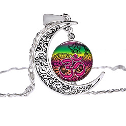Deep Pink Moon with Sun Glass Pendant Necklace, Om Aum Ohm Yoga Theme Alloy Jewelry for Women, Colorful, 17.72 inch(45cm)
