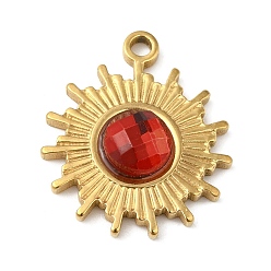 Red Real 18K Gold Plated 304 Stainless Steel Pendants, with Glass, Sun Charms, Red, 19x16x3.5~4.5mm, Hole: 1.6mm