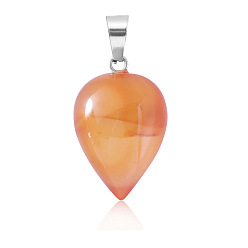 Red Agate Natural Carnelian Pendants, Teardrop Charms with Platinum Plated Metal Snap on Bails, 26x16mm