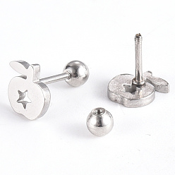 Stainless Steel Color 201 Stainless Steel Barbell Cartilage Earrings, Screw Back Earrings, with 304 Stainless Steel Pins, Apple with Star, Stainless Steel Color, 7x8x2mm, Pin: 1mm