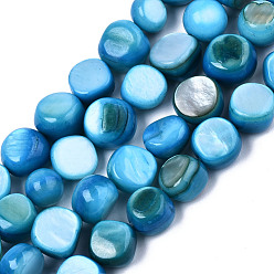 Light Sky Blue Natural Freshwater Shell Beads Strands, Dyed, Nuggets, Light Sky Blue, 7~9x7~8x2.5~6mm, Hole: 0.8mm, about 48~50pcs/strand, 14.96~15.74 inch (38~40cm)
