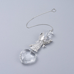 Platino Cristal araña candelabros prismas, colgante de cristal con forma de corazón, con diamantes de imitación de cristal, eslabones de hierro ángel y cadena de cable, facetados, Platino, 375x2 mm