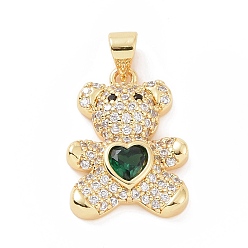 Green Brass Micro Pave Cubic Zirconia Pendants, with Glass, Bear with Heart Charm, Golden, Green, 20.5x15x5mm, Hole: 5.5x3.5mm