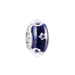 Midnight Blue TINYSAND Rhodium Plated 925 Sterling Silver Charm Beads with Glass with Star for Bracelet, Midnight Blue, 15.16x9.07mm, Hole: 4.45mm