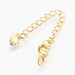 Real 18K Gold Plated Brass Chain Extender, with Lobster Claw Clasps, Cadmium Free & Nickel Free & Lead Free, Long-Lasting Plated, Shell, Real 18K Gold Plated, 72x3mm, Hole: 2.5mm, Clasps: 10x6x3mm