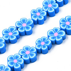 Bleu Ciel Foncé Polymère main brins d'argile de perles, fleur, bleu profond du ciel, 7.5~10x7~11x3.5~5mm, Trou: 1.6mm, Environ 38~40 pcs/chapelet, 13.58 pouces ~ 14.57 pouces (34.5~37 cm)