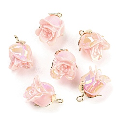 Pink Colgantes de la resina opacos, color de ab, dijes de flores con hoja de aleación chapada en oro, rosa, 22.5x18x17 mm, agujero: 2.3 mm
