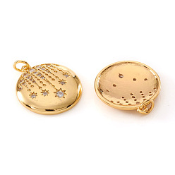 Real 18K Gold Plated Brass Micro Pave Cubic Zirconia Pendants, with Jump Rings, Flat Round with Star, Clear, Real 18K Gold Plated, 22x20x3.5mm, Hole: 3mm