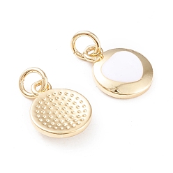 Real 18K Gold Plated Brass Enamel Charms, with Jump Rings, Long-Lasting Plated, Flat Round with Heart, White, Real 18K Gold Plated, 12.5x10x2mm, Hole: 3mm