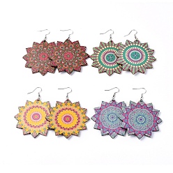 Mixed Color Dangle Earrings, with Printed Wooden Big Pendants and Brass Findings, Mixed Color, 80~81mm, Pendant: 59.5~60x59.5~60x2.5~2.6mm, Pin: 0.6mm