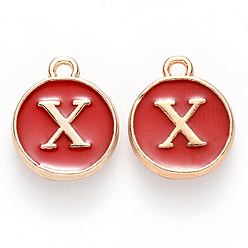 Letter X Golden Plated Enamel Alloy Charms, Enamelled Sequins, Flat Round, Red, Letter.X, 14x12x2mm, Hole: 1.5mm, 100pcs/Box