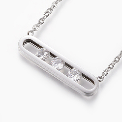 Stainless Steel Color 304 Stainless Steel Pendant Necklaces, with Cubic Zirconia and Lobster Claw Clasps, Cable Chains, Rectangle, Stainless Steel Color, 17.3 inch(44cm)