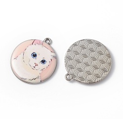 Misty Rose Printed Alloy Pendants, Platinum, Flat Round with Cat Charm, Misty Rose, 28x25x3mm, Hole: 1.8mm