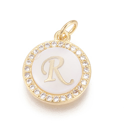 Letter R Brass Micro Pave Cubic Zirconia Pendants, with Shell, Long-Lasting Plated, Lead Free & Cadmium Free & Nickel Free, Real 18K Gold Plated, Flat Round with Letter, Clear, Letter.R, 16x13.5x3mm, Hole: 3mm